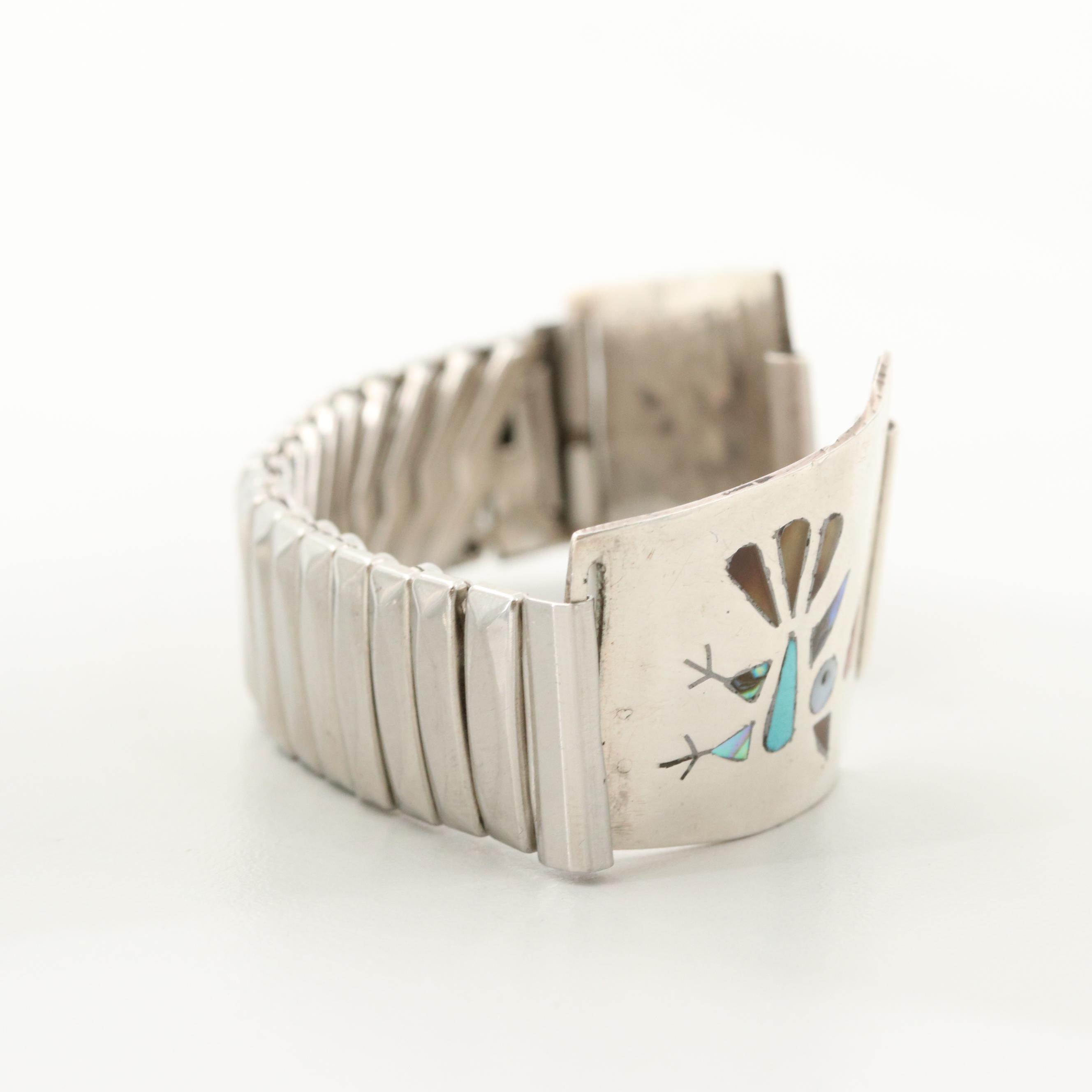 Southwestern Style Sterling and Stainless Steel Abalone and Gemstone Watchband
