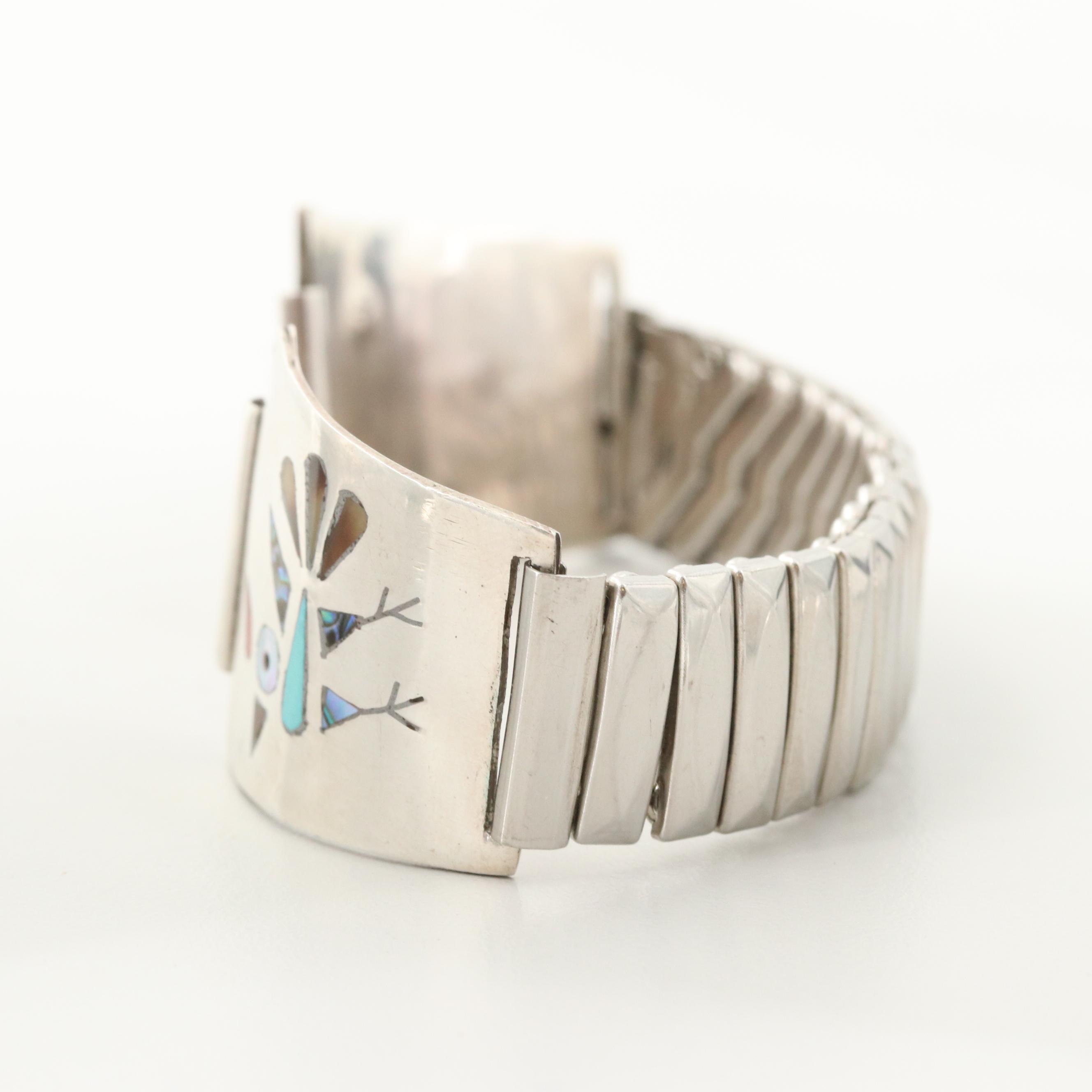 Southwestern Style Sterling and Stainless Steel Abalone and Gemstone Watchband