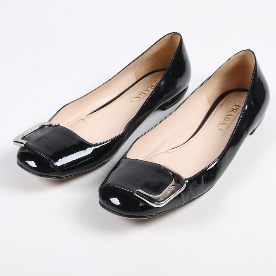 Prada Black Patent Leather Buckle Flats