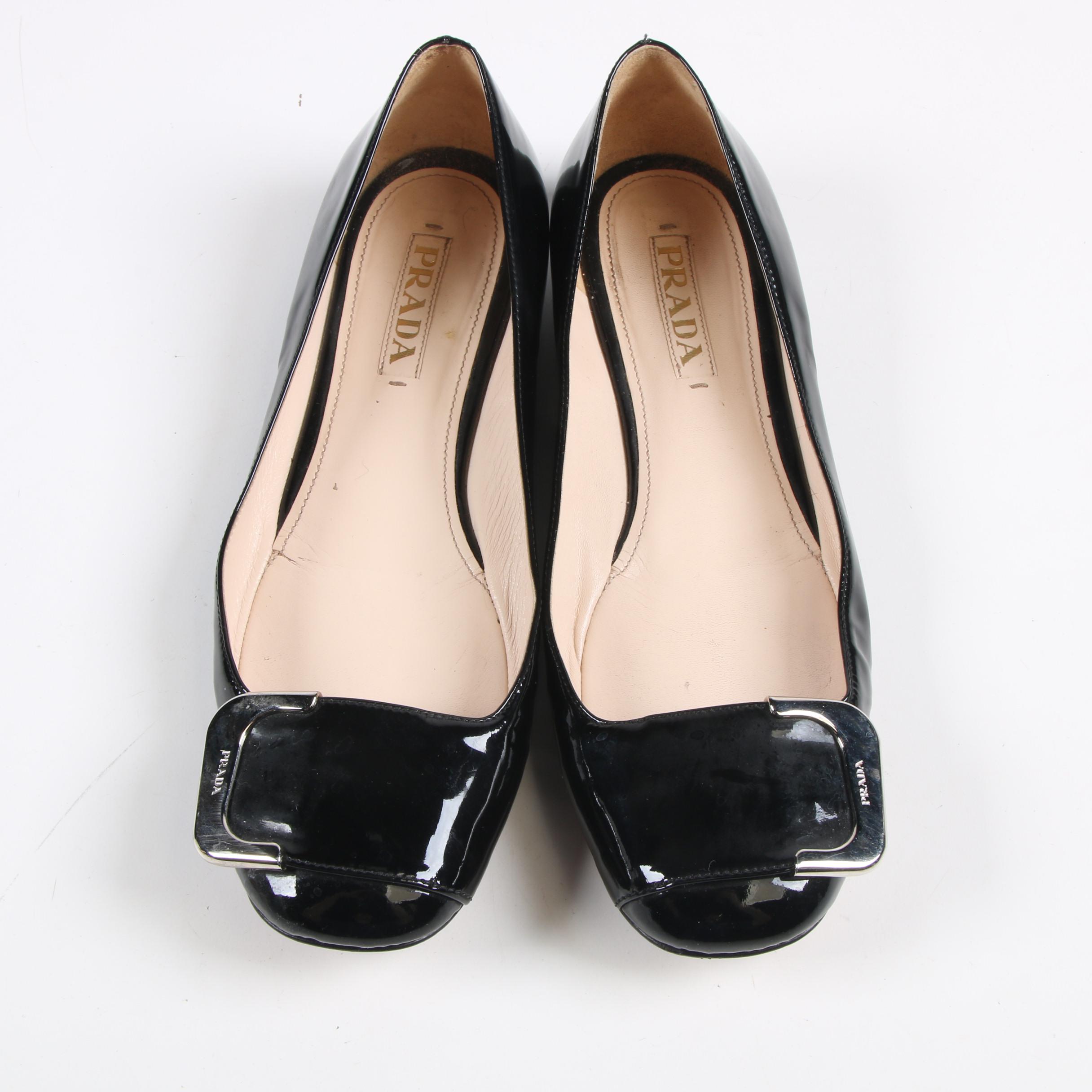 Prada Black Patent Leather Buckle Flats