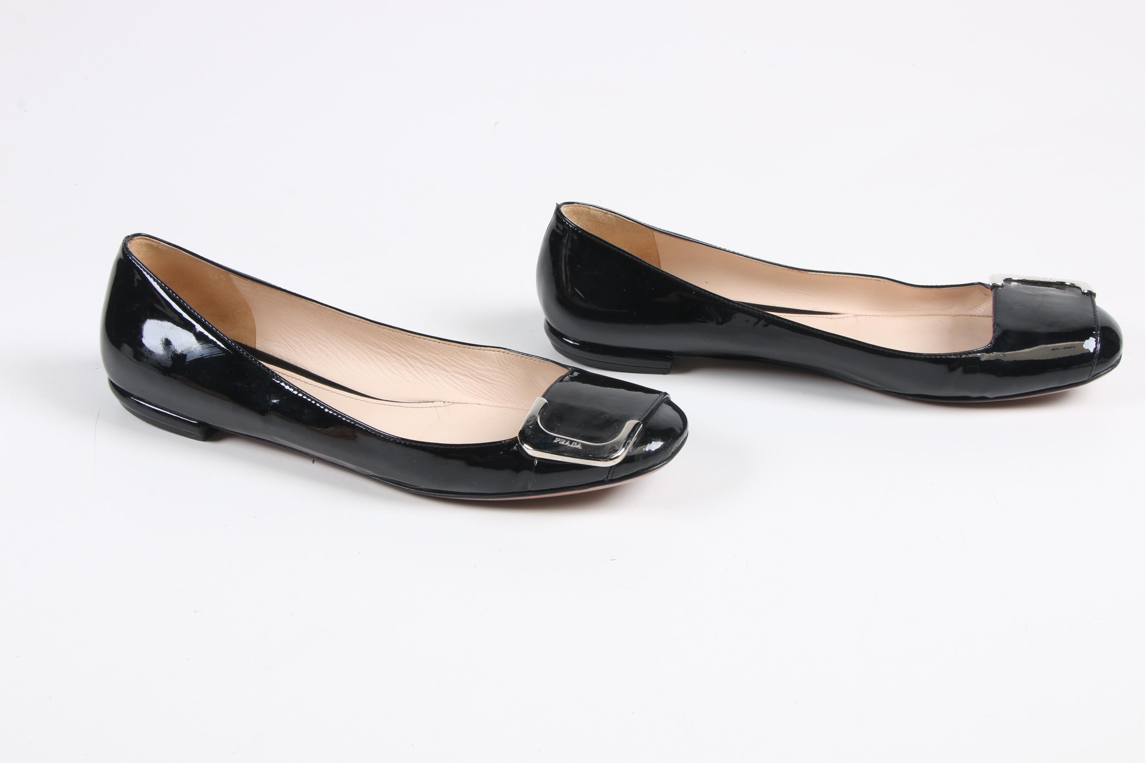 Prada Black Patent Leather Buckle Flats