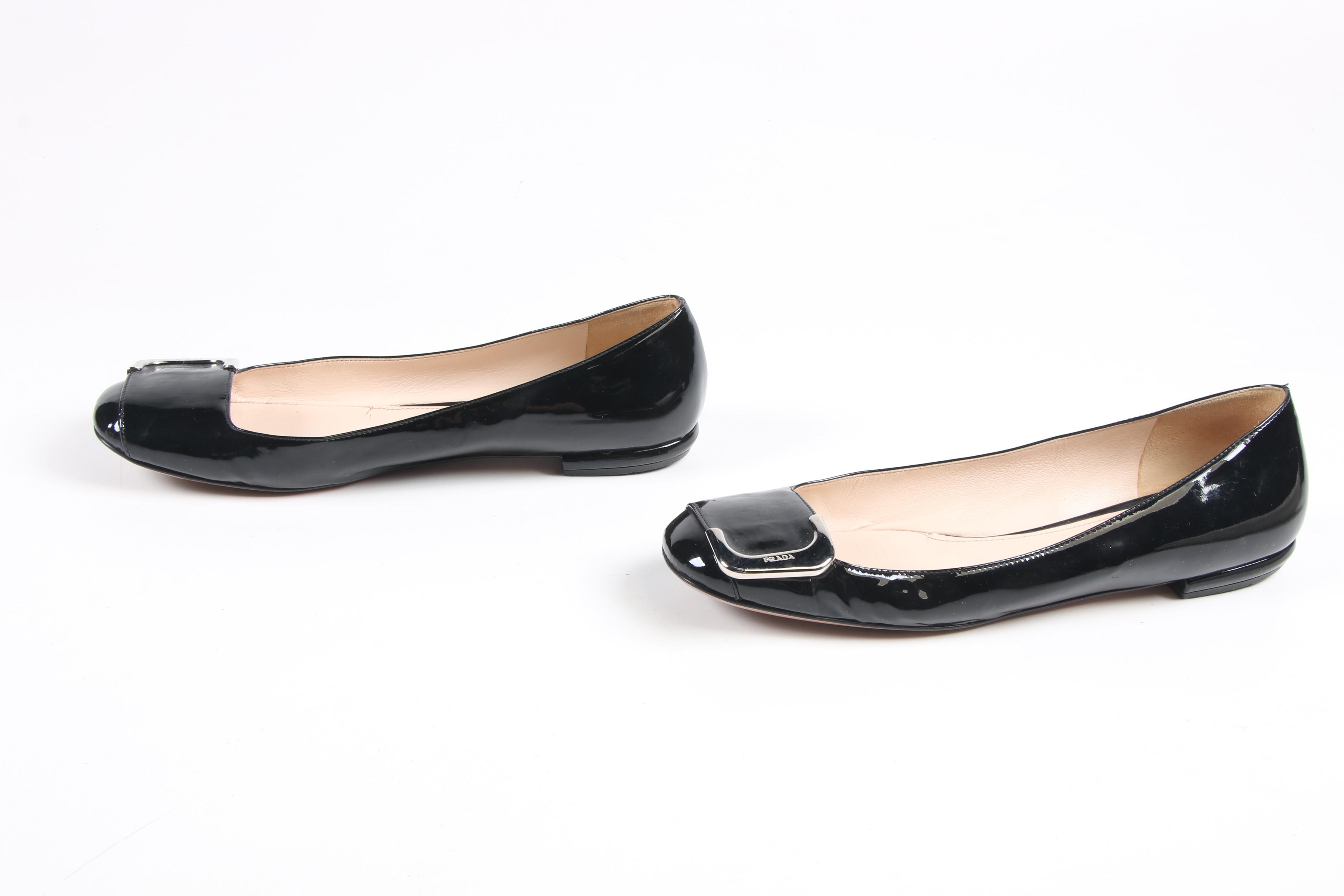 Prada Black Patent Leather Buckle Flats