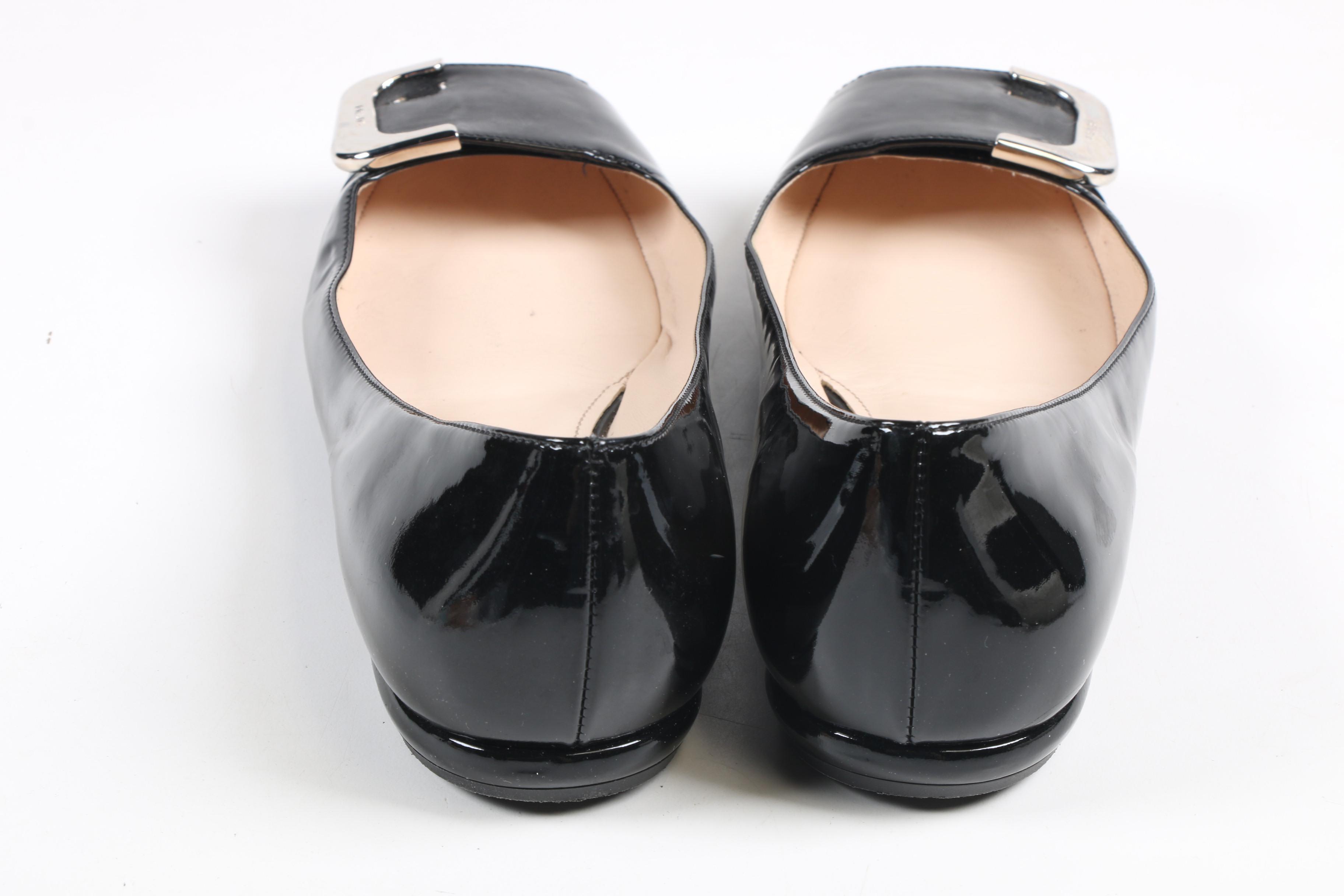 Prada Black Patent Leather Buckle Flats
