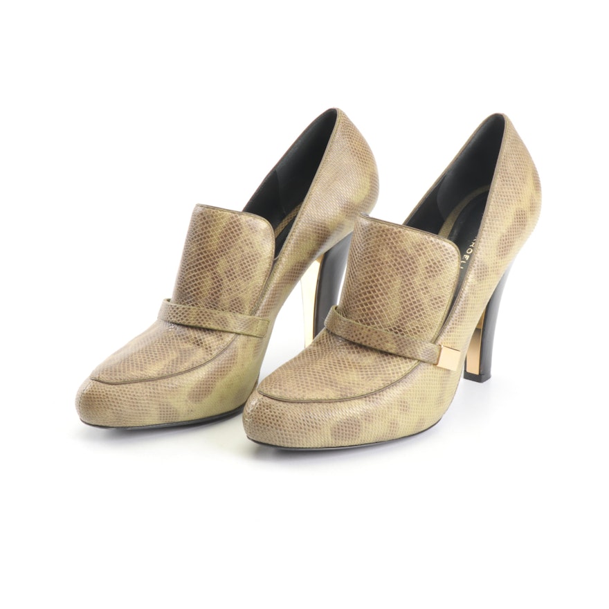 Devi Kroell Karung Pumps with Wooden Heels in Celadon and Brown