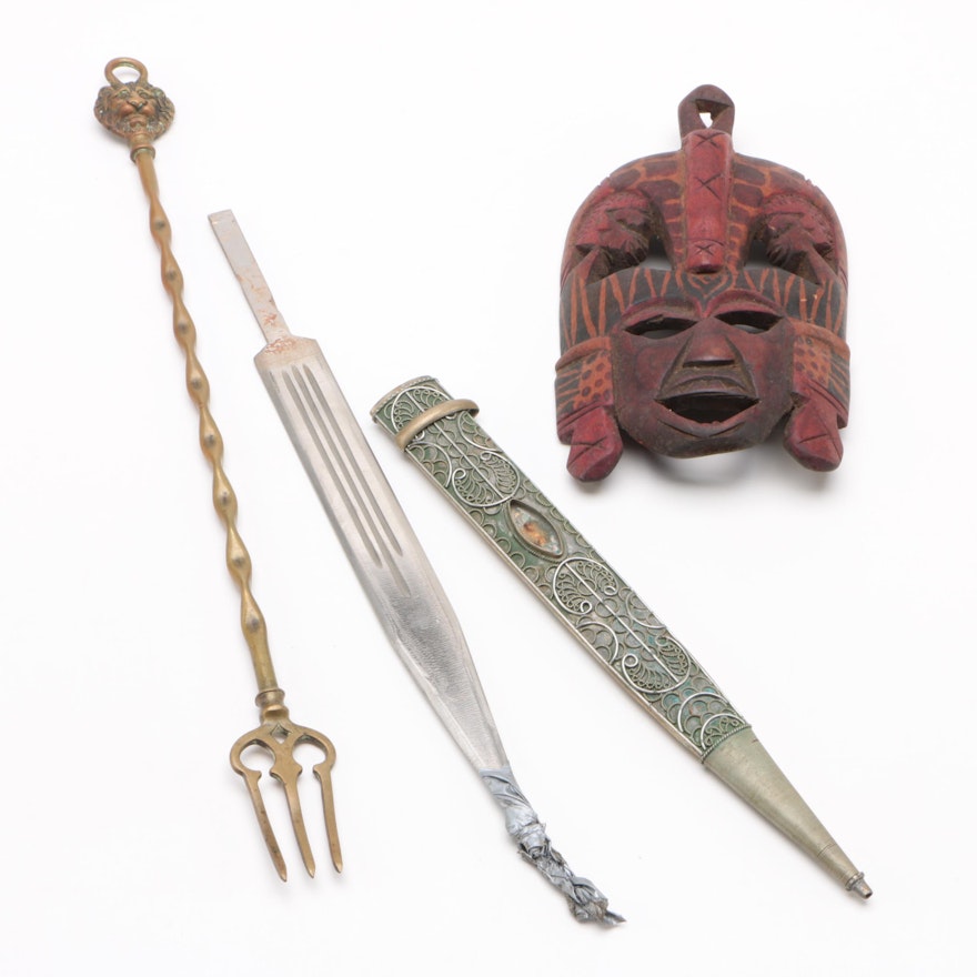 Brass Fork, Islamic Style Dagger, and African Style Wooden Mask