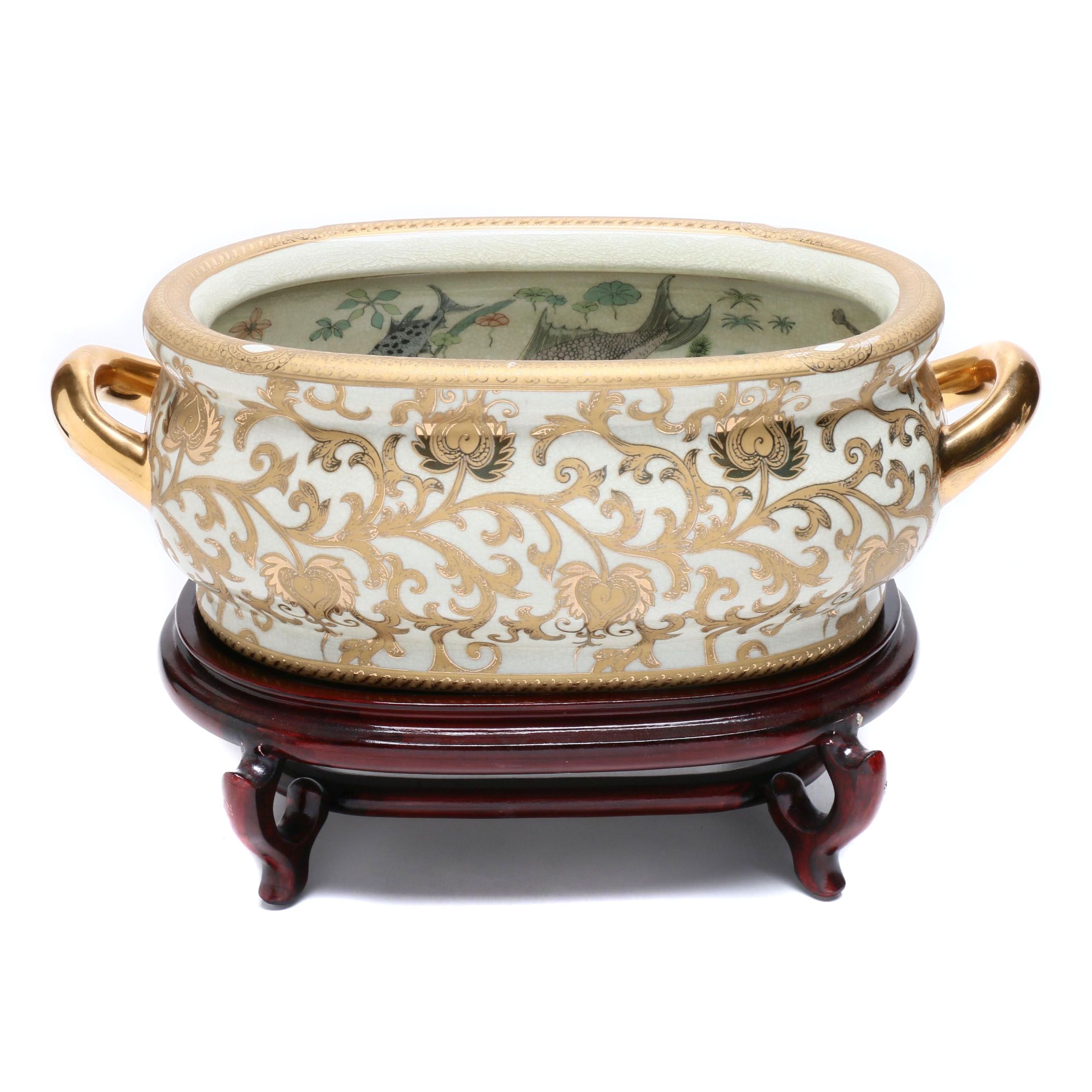 Chinese Fish Bowl Foot Bath on Carved Stand