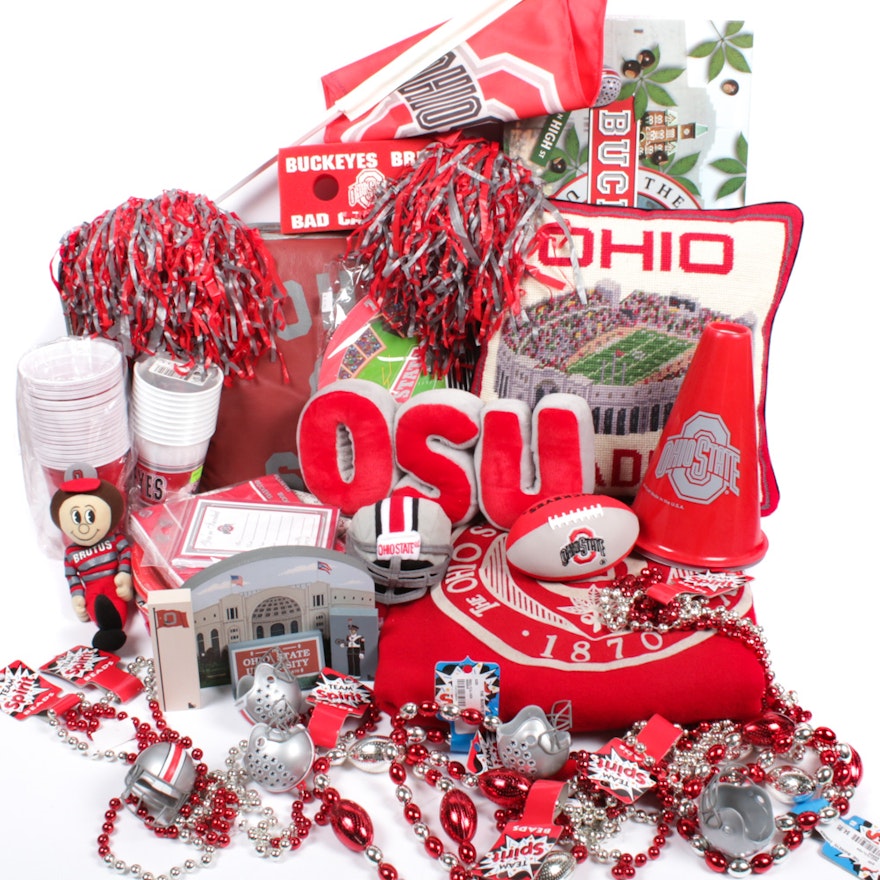 Ohio State Paraphernalia Including Buckopoly, Glasses, Blanket and Stadium Seats