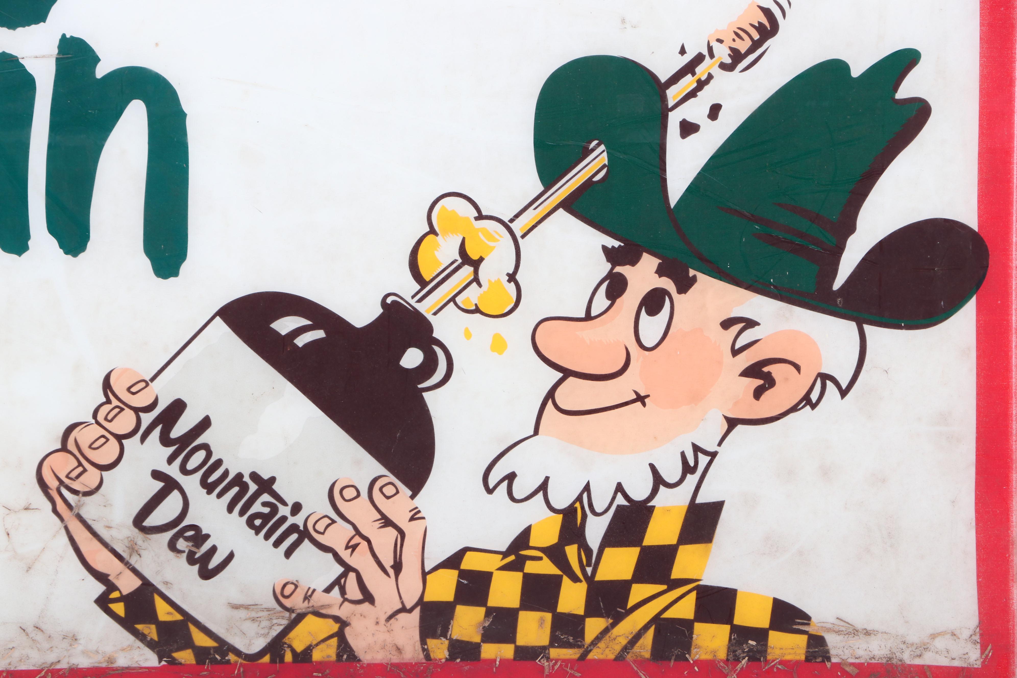 Vintage Mountain Dew "It'll Tickle Yore Innards!" Plastic Advertising Sign