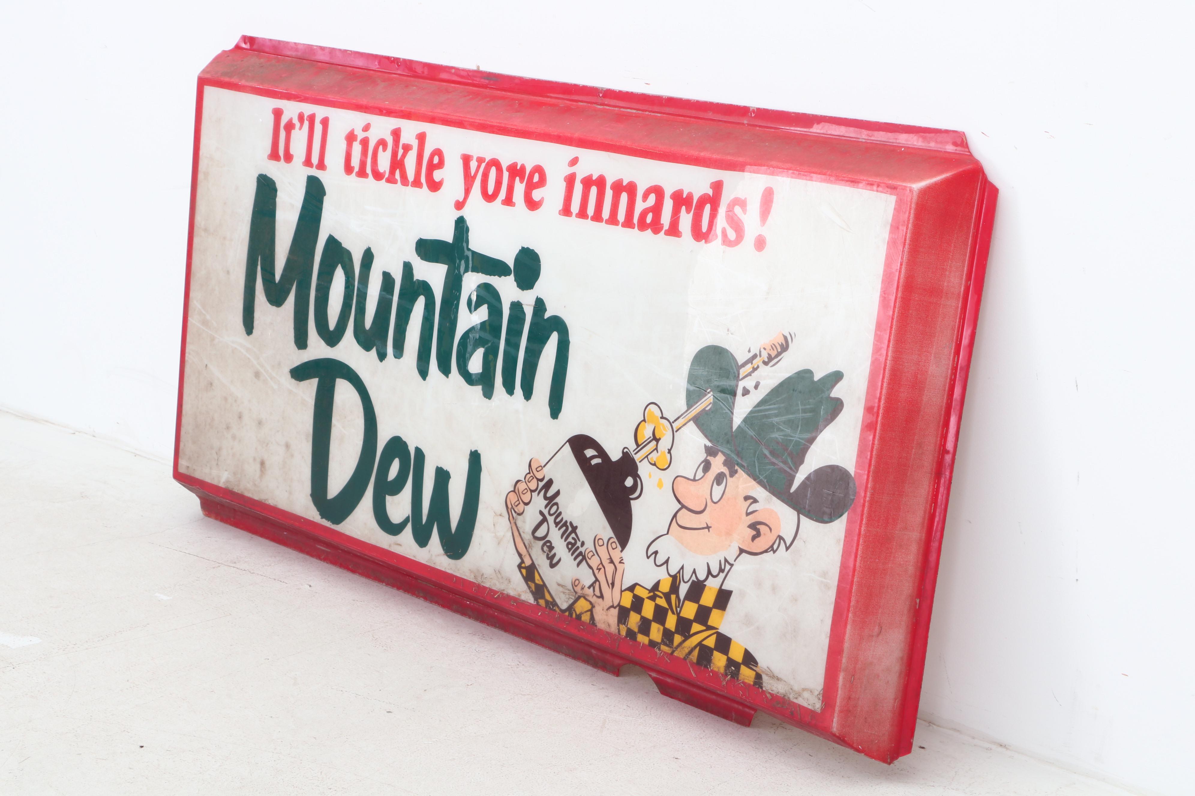 Vintage Mountain Dew "It'll Tickle Yore Innards!" Plastic Advertising Sign
