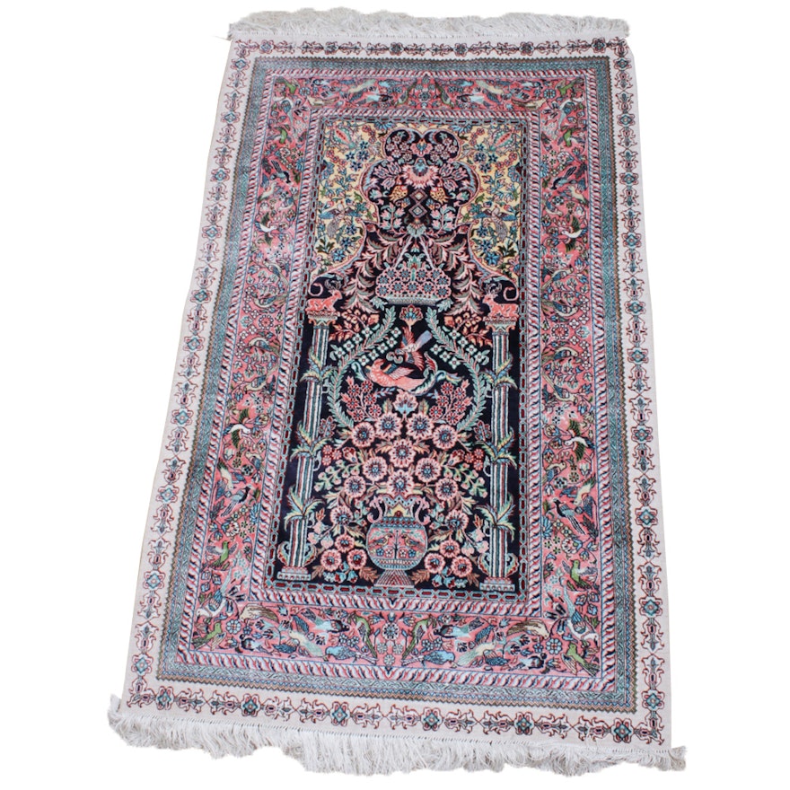 Hand-Knotted Persian Kerman Silk Blend Pictorial Rug