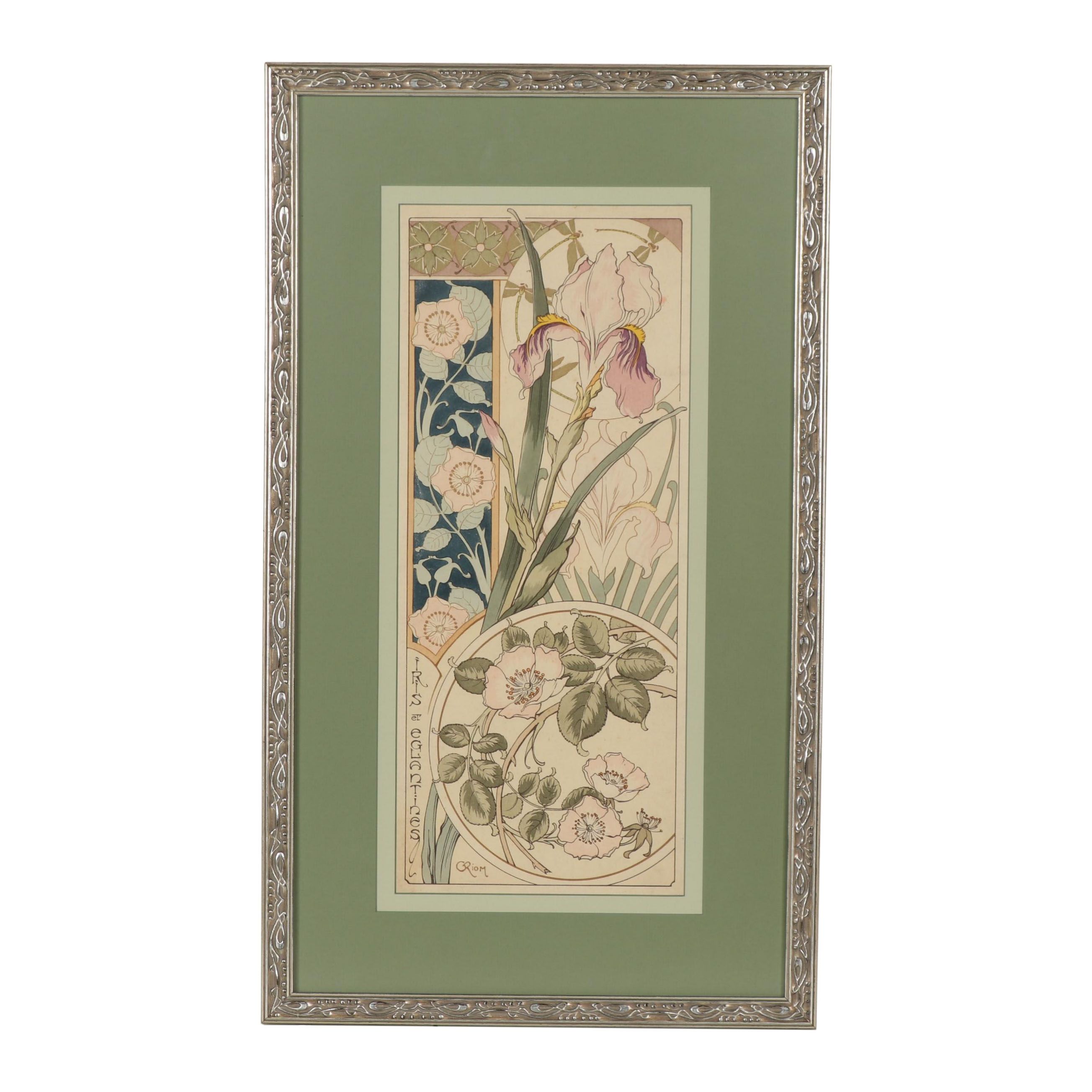 Colored Lithograph After Gustave Riom "Iris et Eglantines"