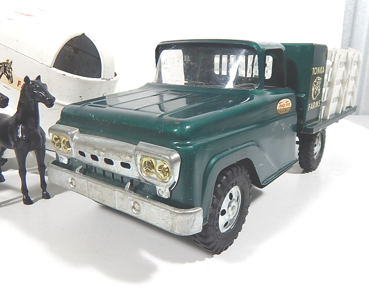 1960s Era Tonka Farms Pressed Steel Truck and Horse Trailer