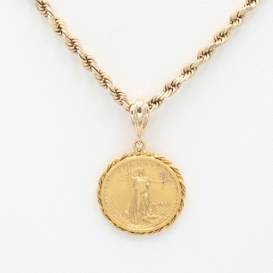 14K Yellow Gold Necklace with 1992 $10 American Gold Eagle 1/4 Oz. Bullion Coin