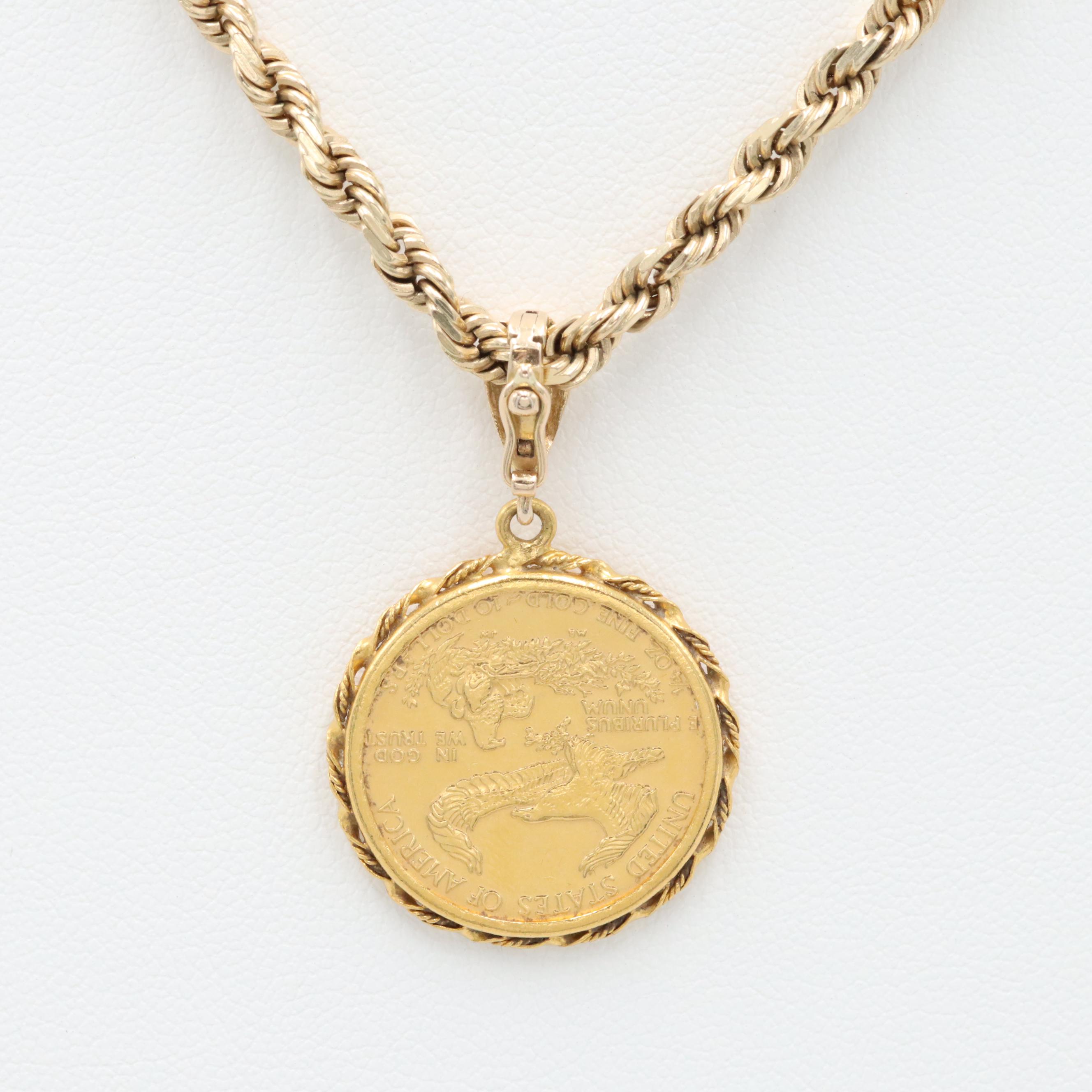 14K Yellow Gold Necklace with 1992 $10 American Gold Eagle 1/4 Oz. Bullion Coin