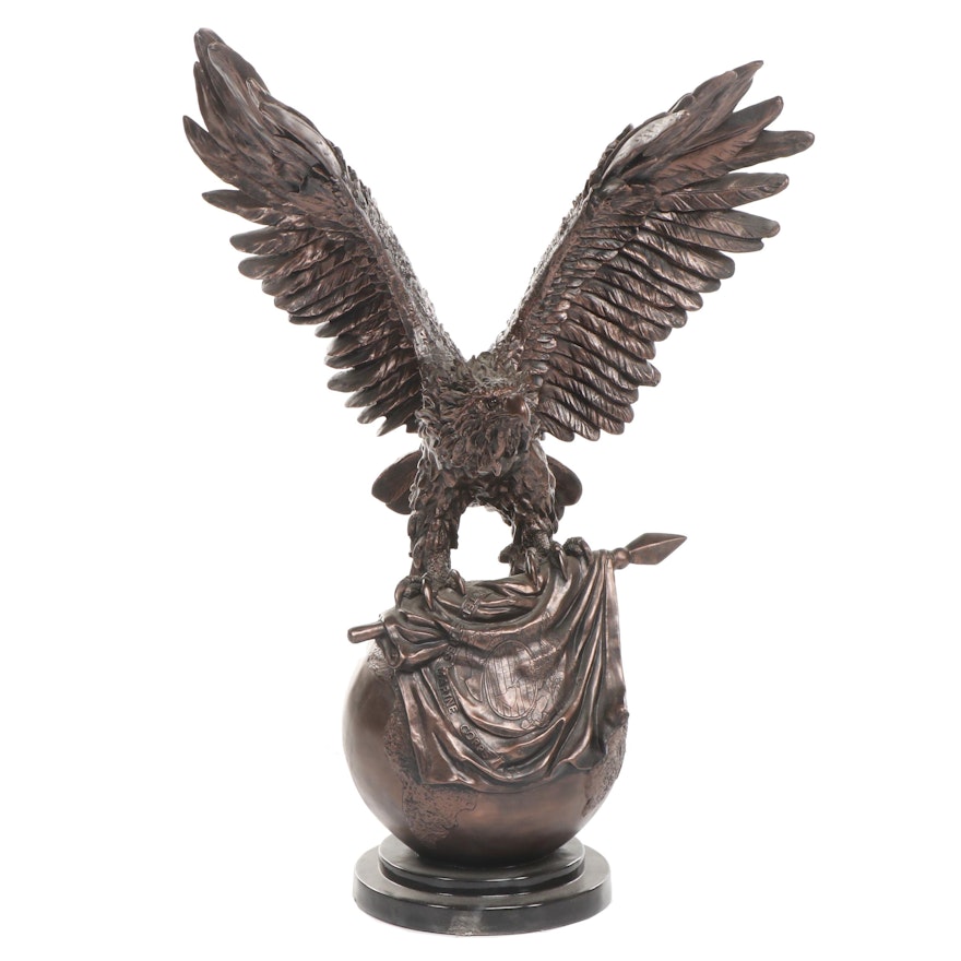 Large Bronze-Tone Resin USMC Eagle with Flag Insignia Statue, Contemporary