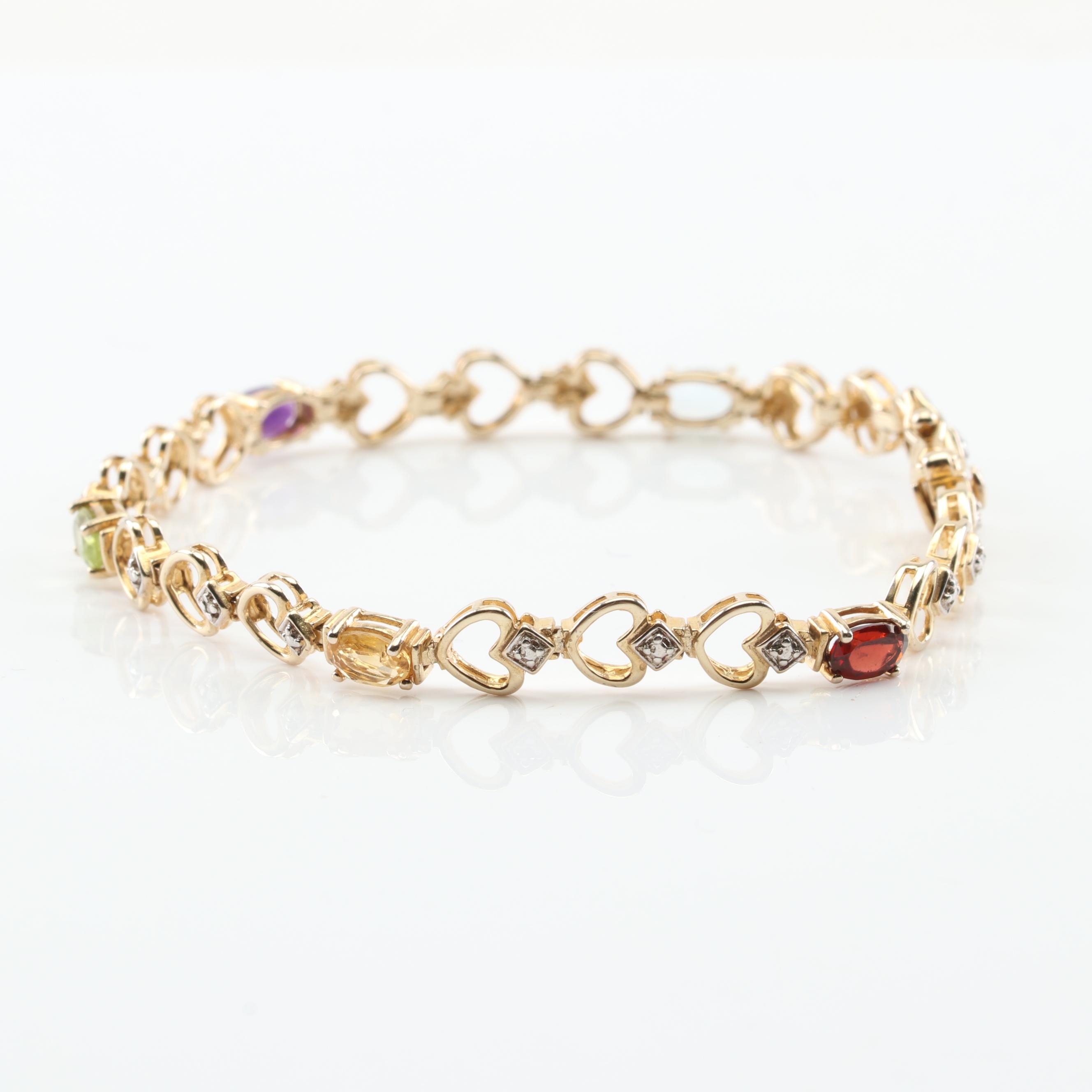 Sterling Silver Multi-Gemstone and Diamond Heart Link Bracelet with Gold Wash