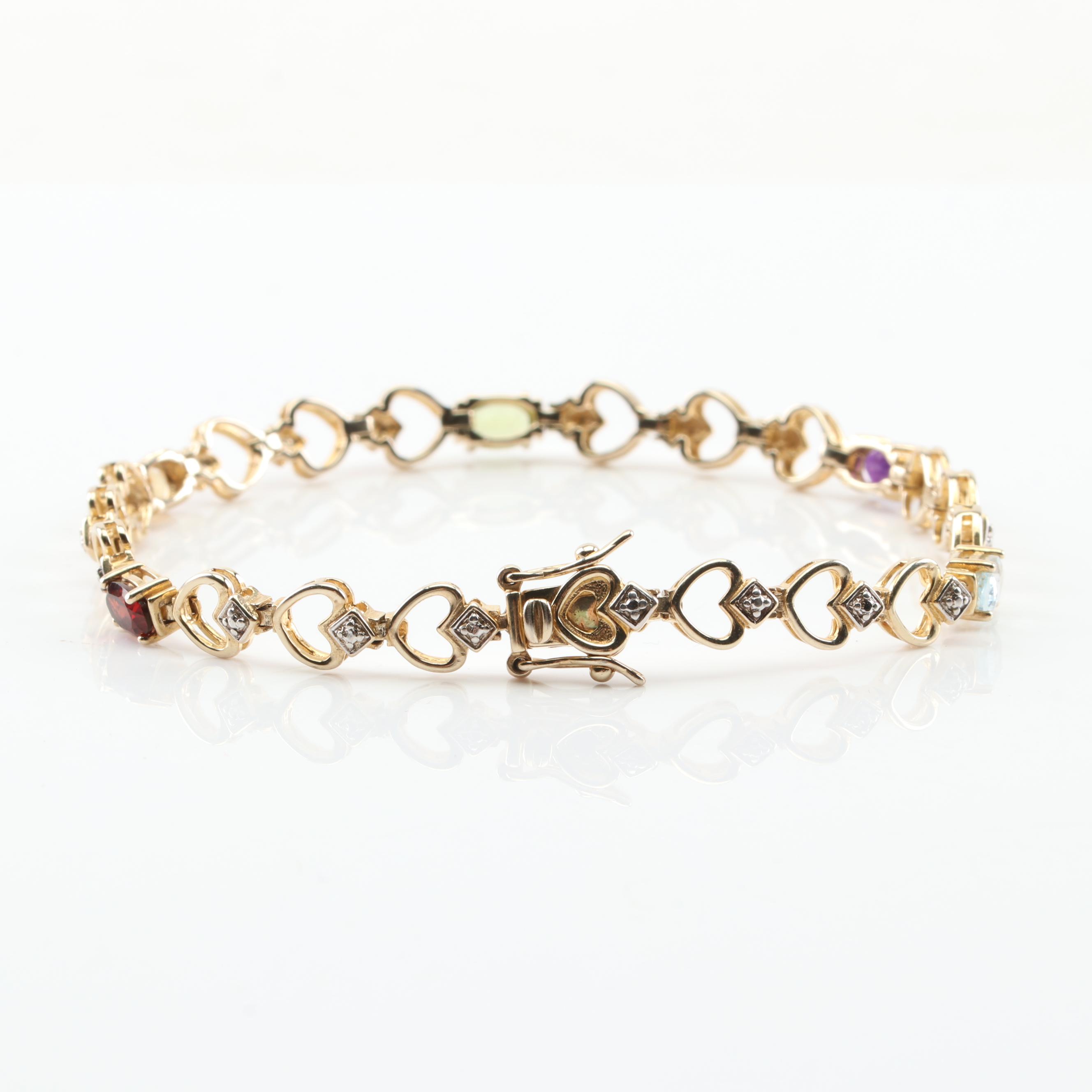 Sterling Silver Multi-Gemstone and Diamond Heart Link Bracelet with Gold Wash