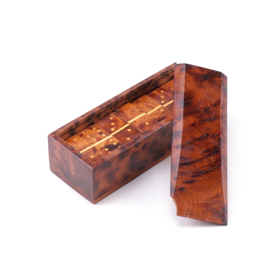 Handmade Burled Thuya Wood Box of Dominoes