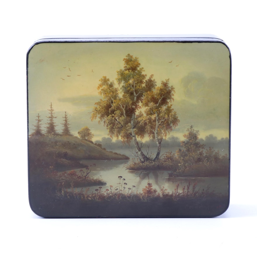 Russian Hand Painted Landscape Lacquer Box
