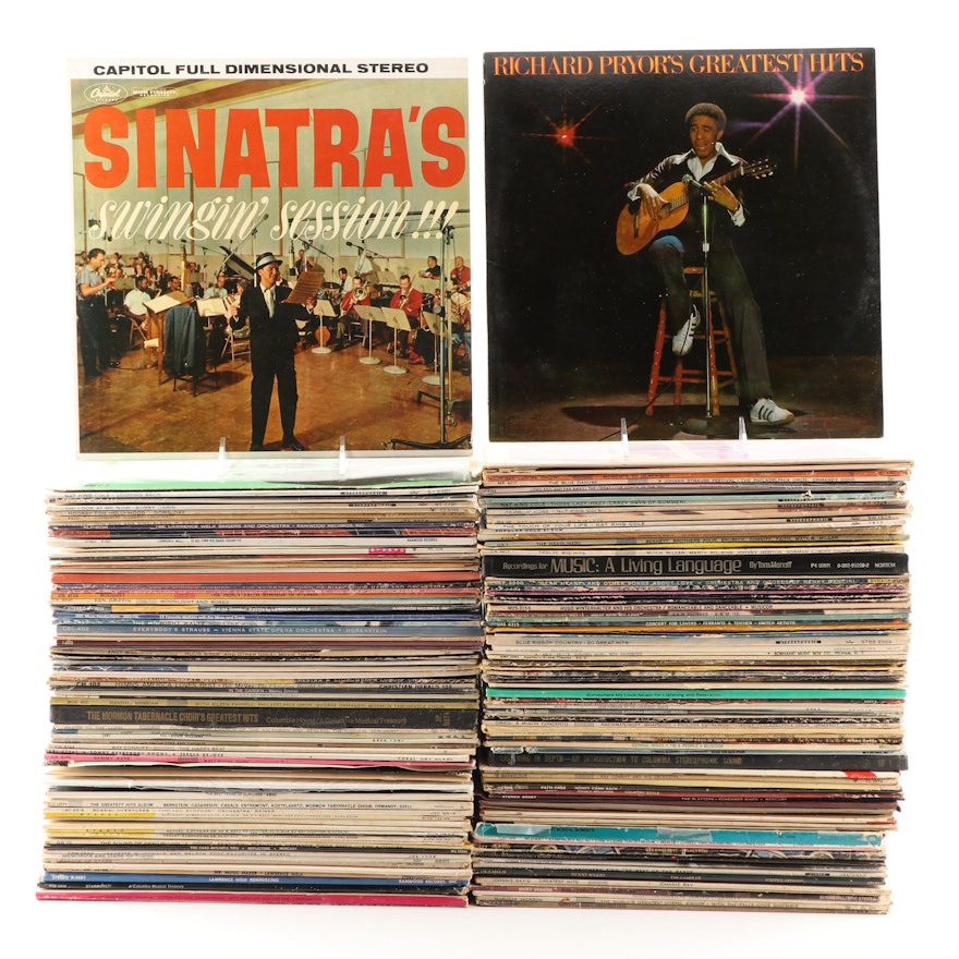 Two Bins of LP's Featuring Frank Sinatra, Richard Pryor, Billy Graham, Much More