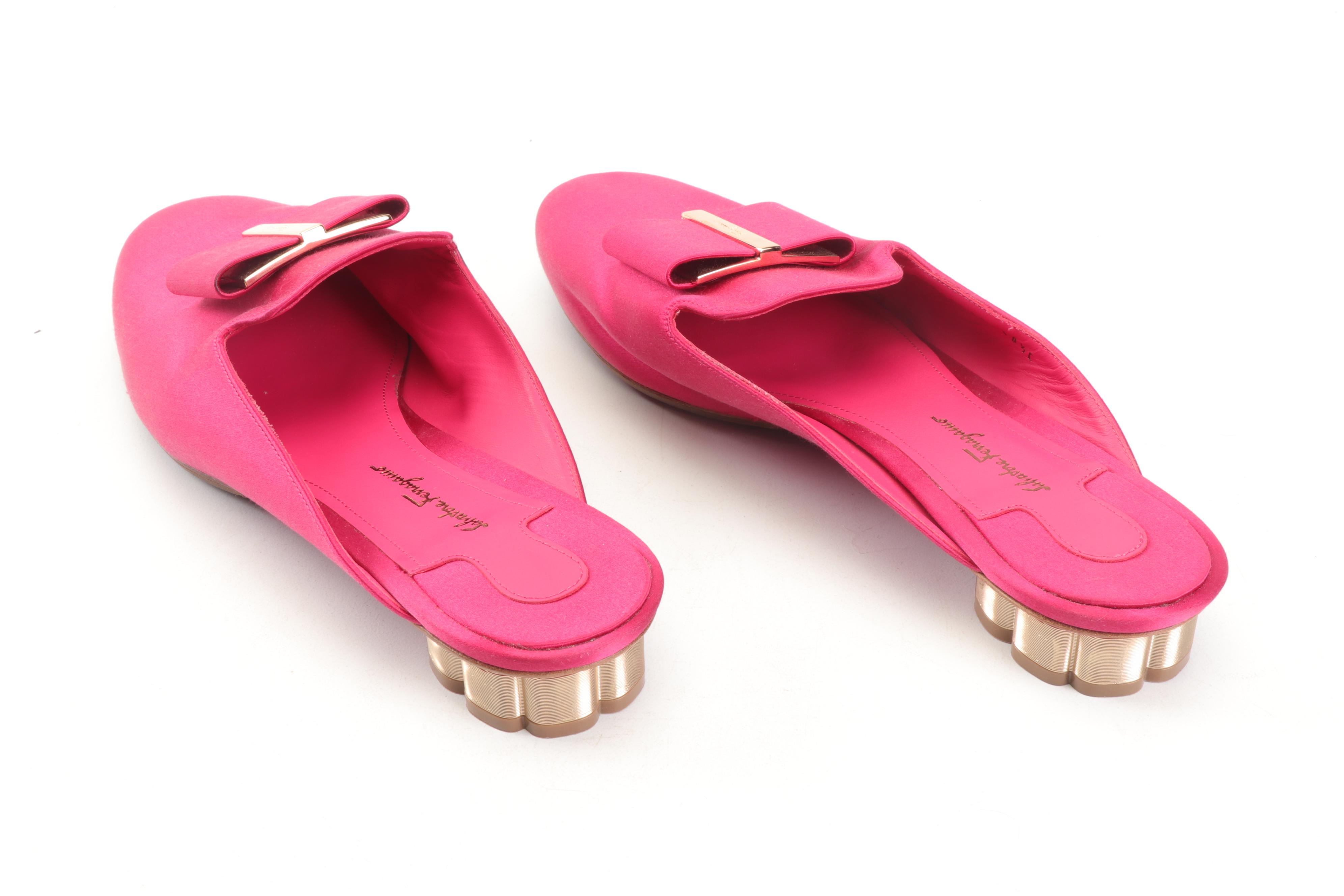 Salvatore Ferragamo Pink Satin Sciacca Bow Slip-On Mules with Flower Heels