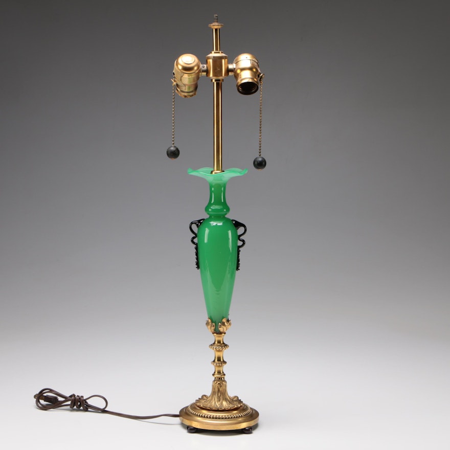 Steuben Green Jade Art Glass and Brass Table Lamp, Early 20th Century