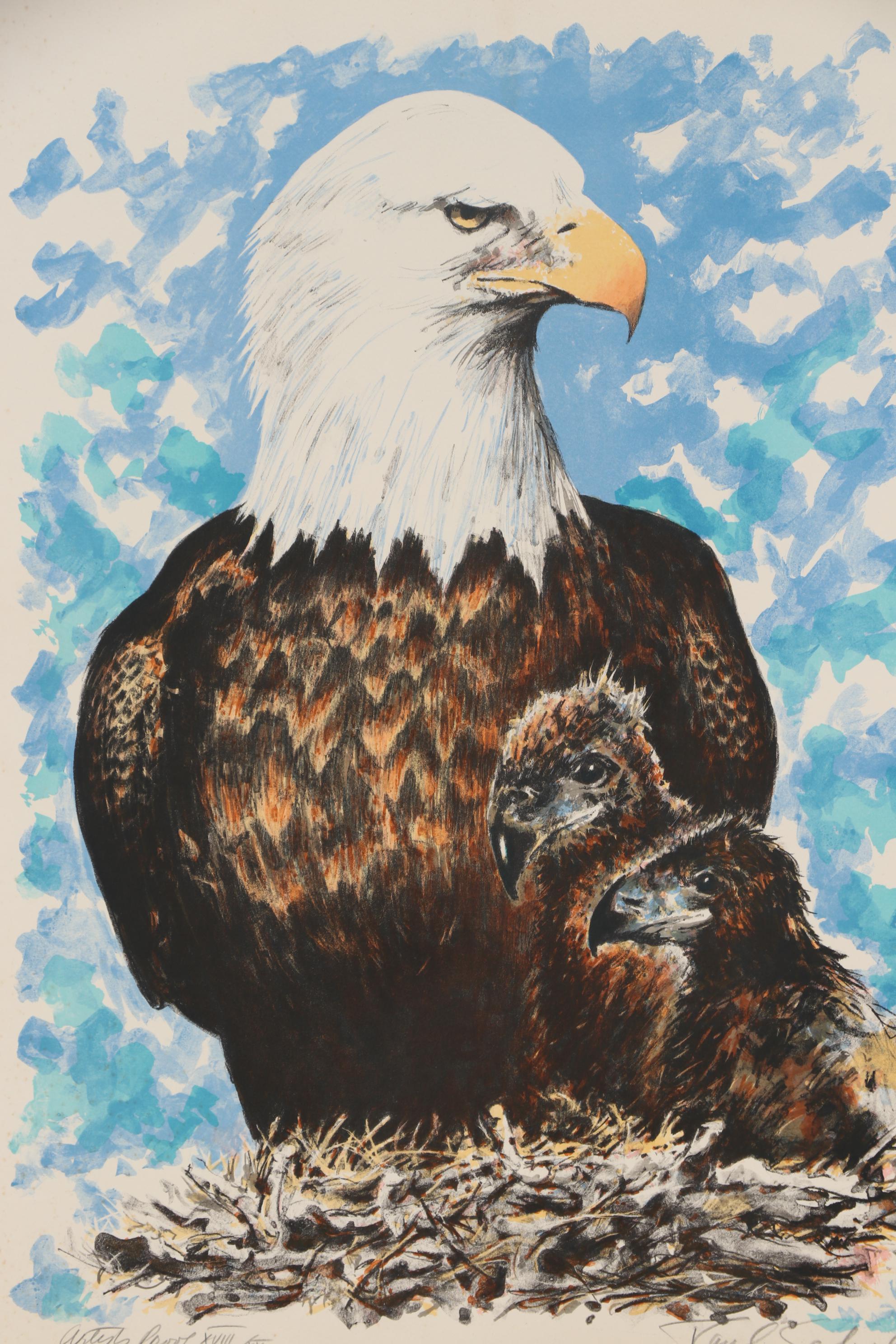 Paul Seckel Color Lithographs of Bald Eagles and Lions