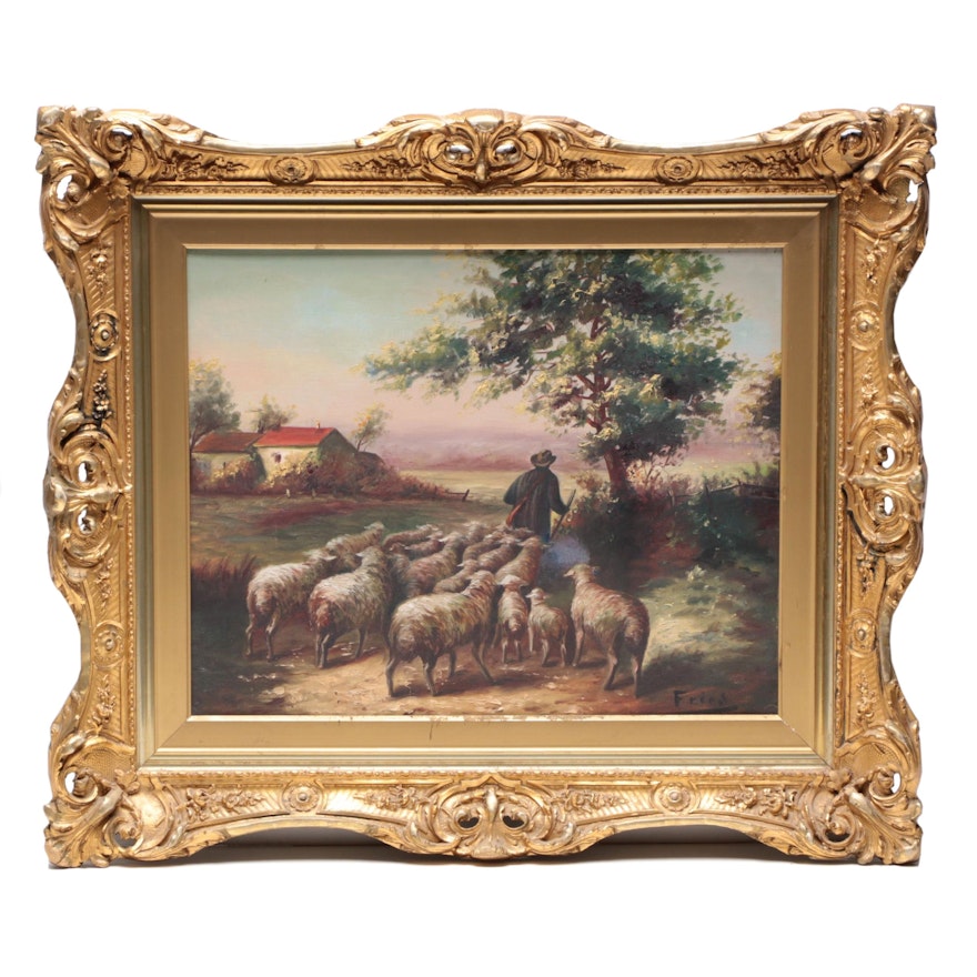 Oil Painting of Pastoral Scene with Sheep