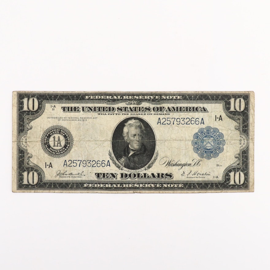 Large Format Series of 1914 Blue Seal $10 Federal Reserve Note