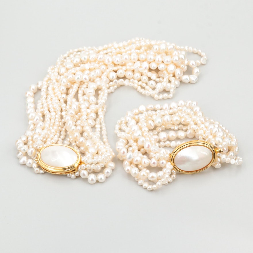 Nine Strand Cultured Pearl Necklace and Bracelet Set with Gold Tone Findings