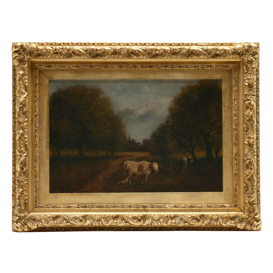 Jacques Durant Oil Painting of Pastoral Scene with Cattle