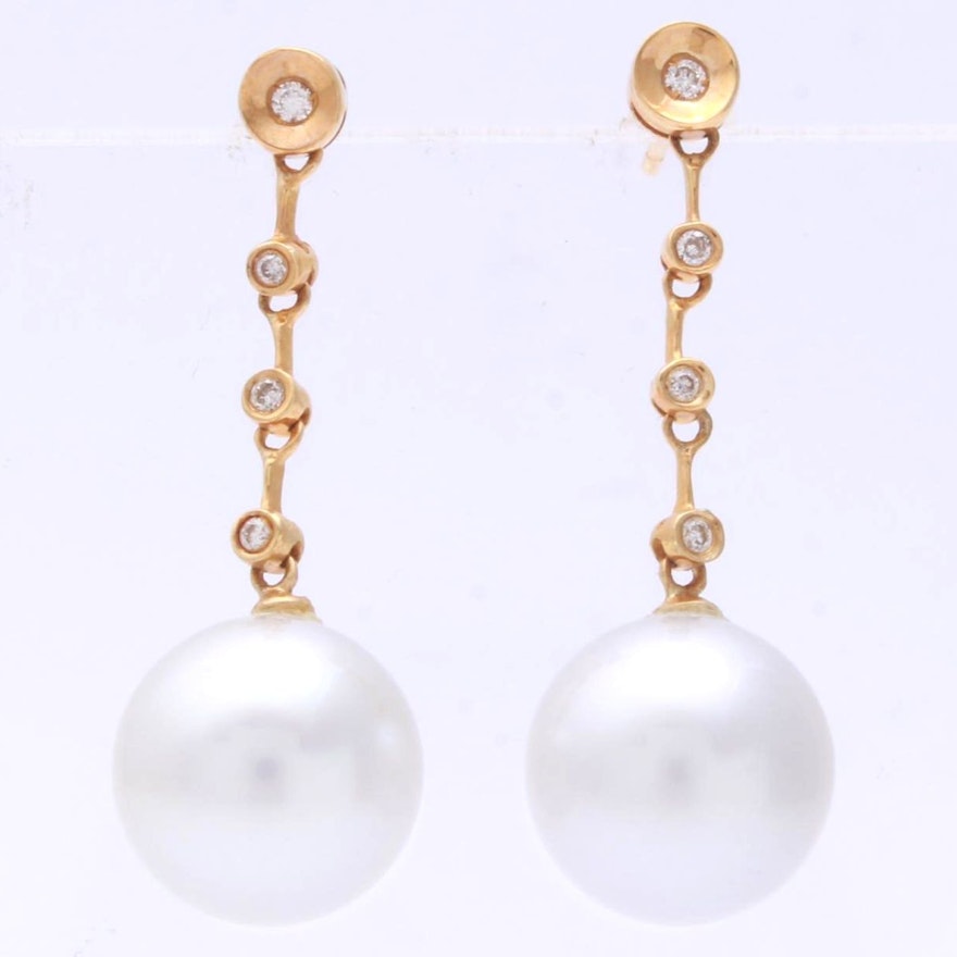 18K Yellow Gold Pearl and Diamond Earrings