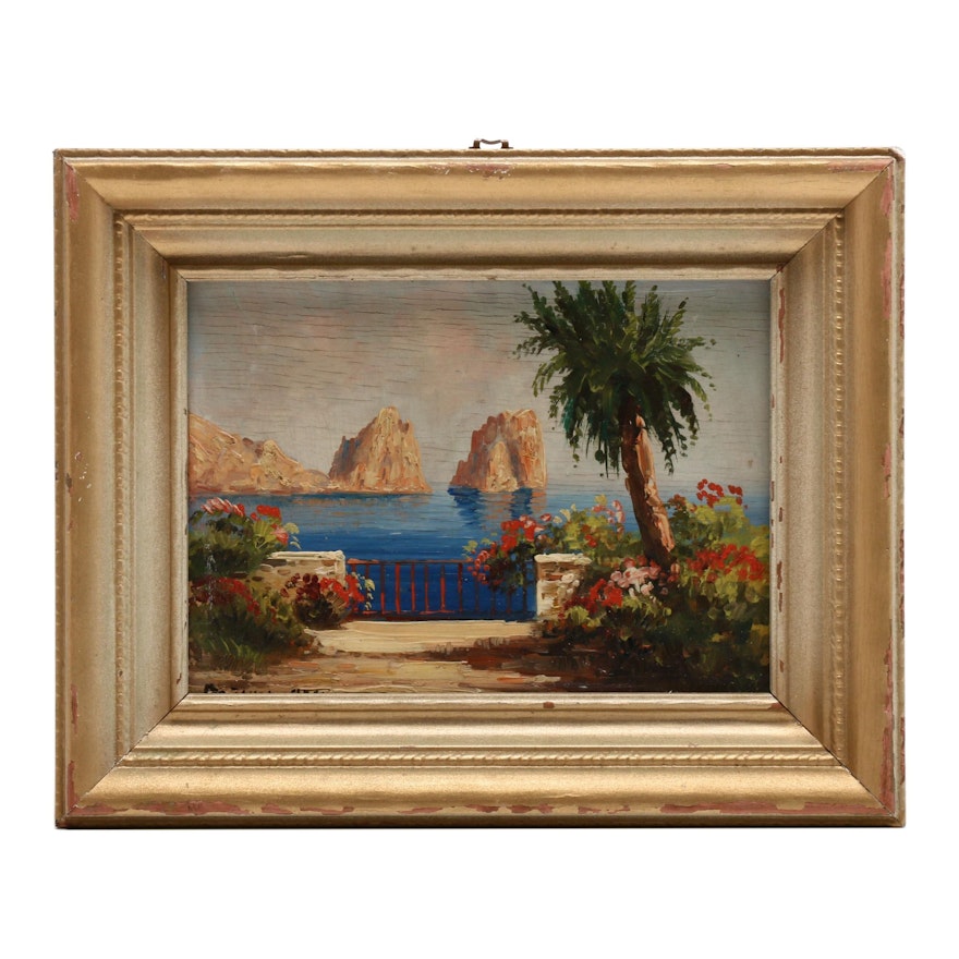 Mid 20th Century Oil Painting of Tropical View with the Sea