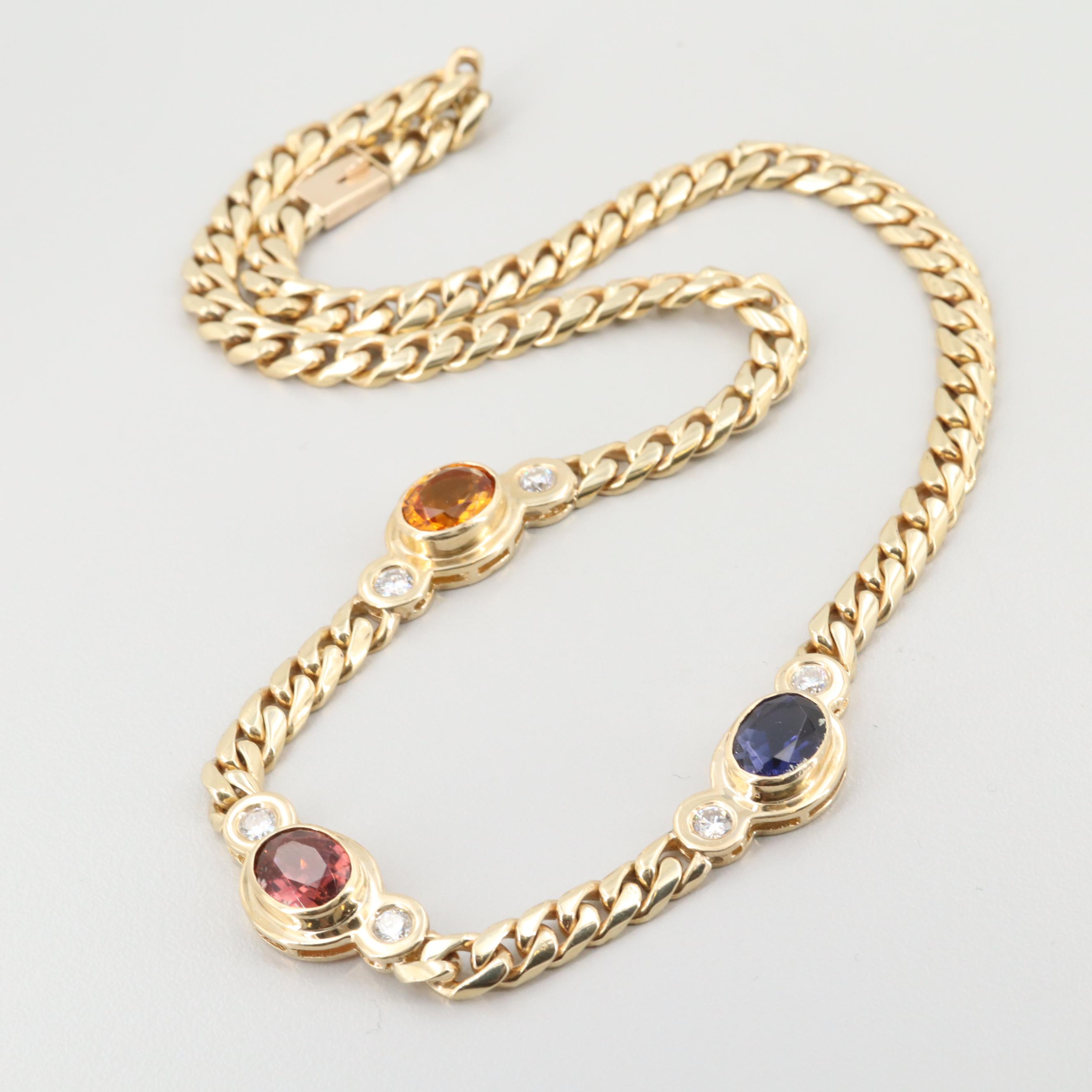 14K Yellow Gold Iolite, Pink Tourmaline and Citrine Necklace