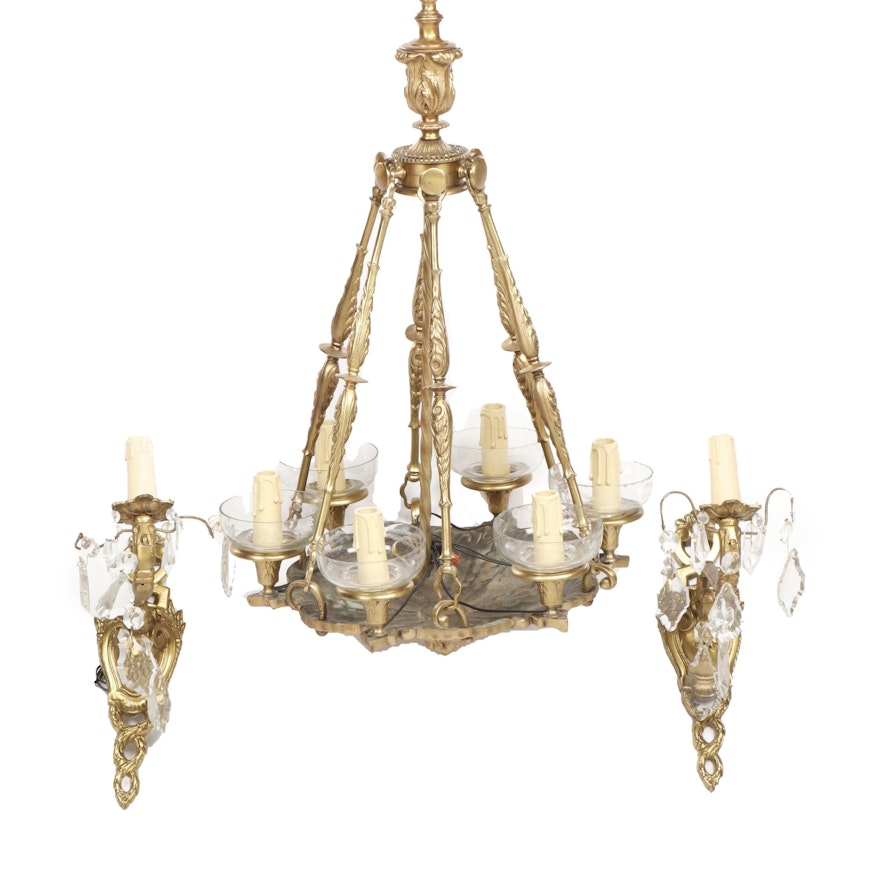 Victorian Style Bronze Chandelier and Wall Sconces with Crystal Pendants