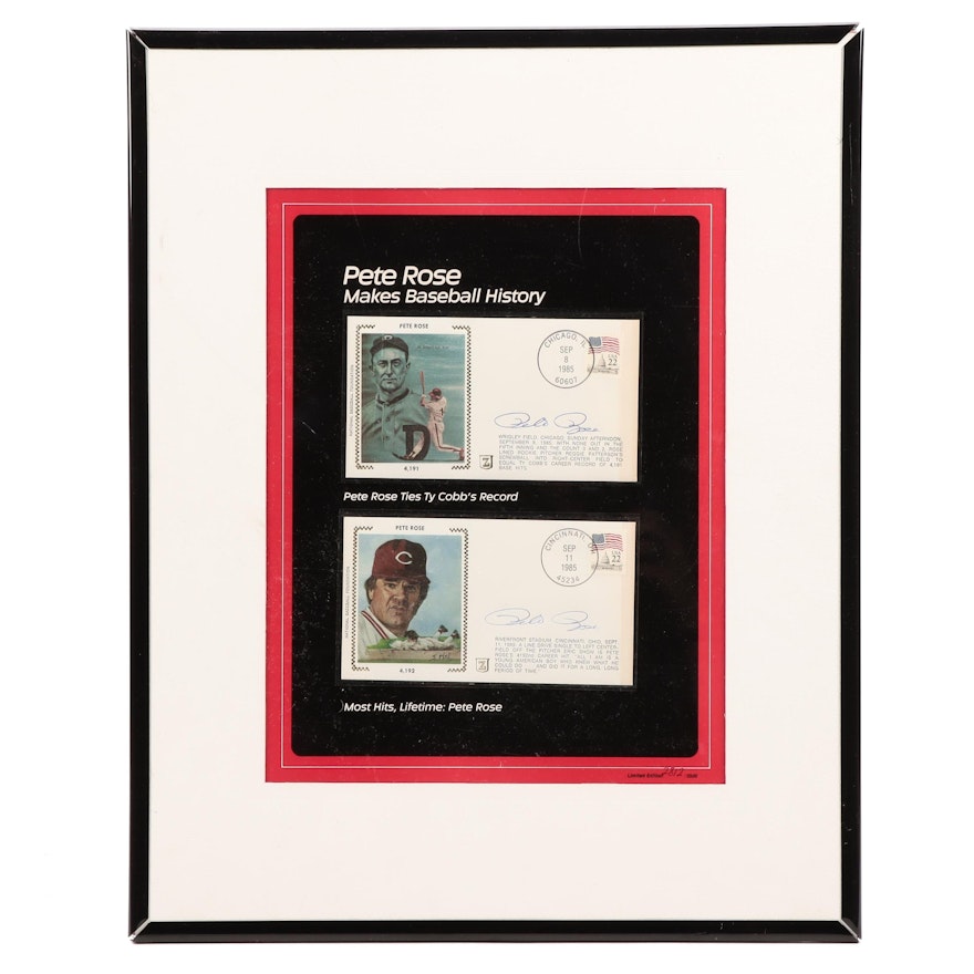 1985 Pete Rose Signed "Makes Baseball History" Framed Postal Covers Display