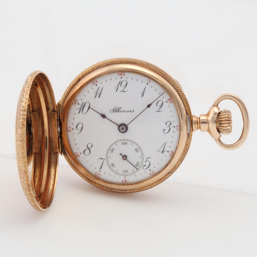 14K Rose Gold Vintage Illinois Pocket Watch with Hunter Case