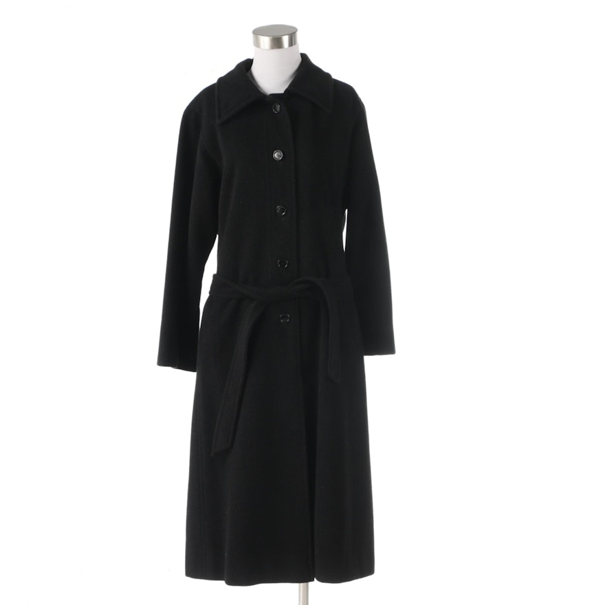 Black Woolen Single-Breasted Coat with Tie Belt