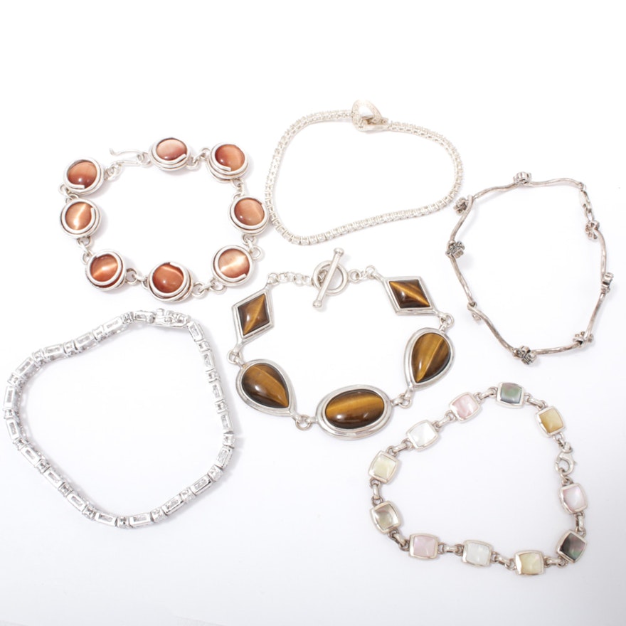 Sterling Silver Bracelets with Tiger's Eye, Cat's Eye, Mother of Pearl, and More