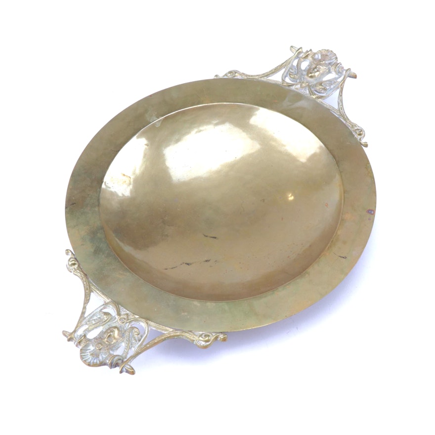 Art Nouveau Figural Double Handled Footed Brass Dish