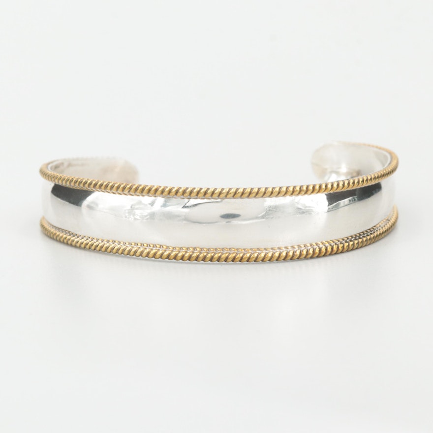 Mexican Sterling Silver Cuff Bracelet with Gold Wash Braid Accents