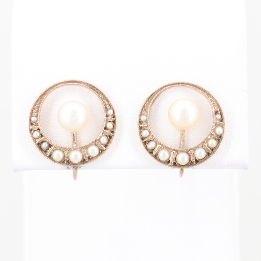 Vintage 10K Rose Gold Cultured Pearl and Seed Pearl Screw Back Earrings