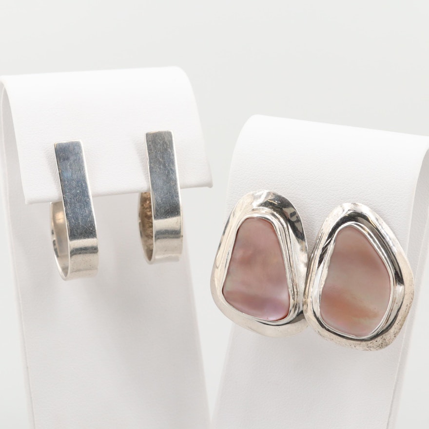 Sterling Silver Mother of Pearl Earrings and J Hoop Earrings