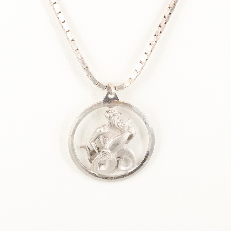 Sterling Silver Aquarius Motif Pendant Necklace