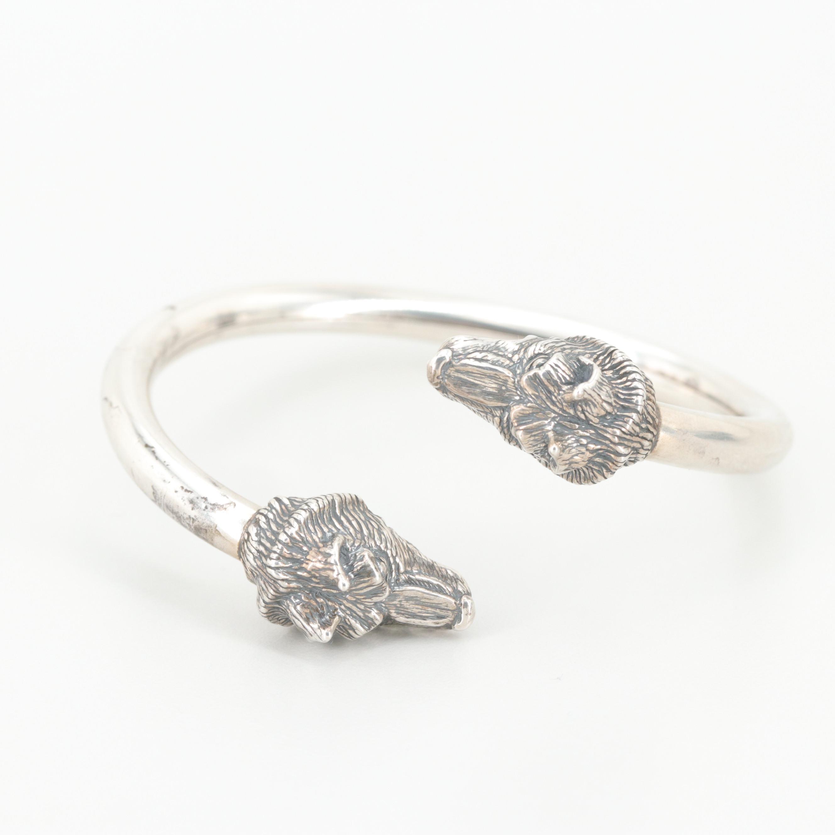 Vintage Kabana Sterling Silver Diamond  Wolf Head Cuff Bracelet