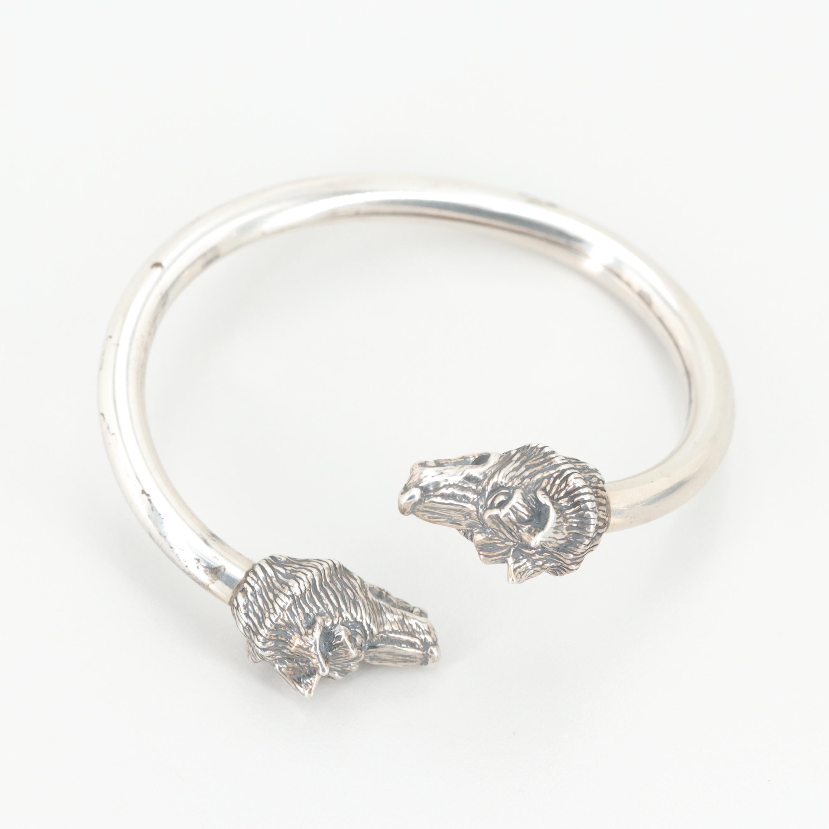Vintage Kabana Sterling Silver Diamond  Wolf Head Cuff Bracelet