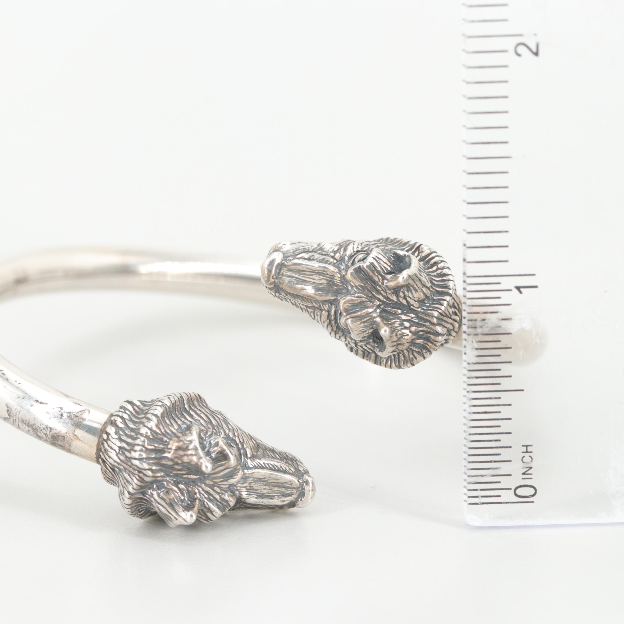 Vintage Kabana Sterling Silver Diamond  Wolf Head Cuff Bracelet