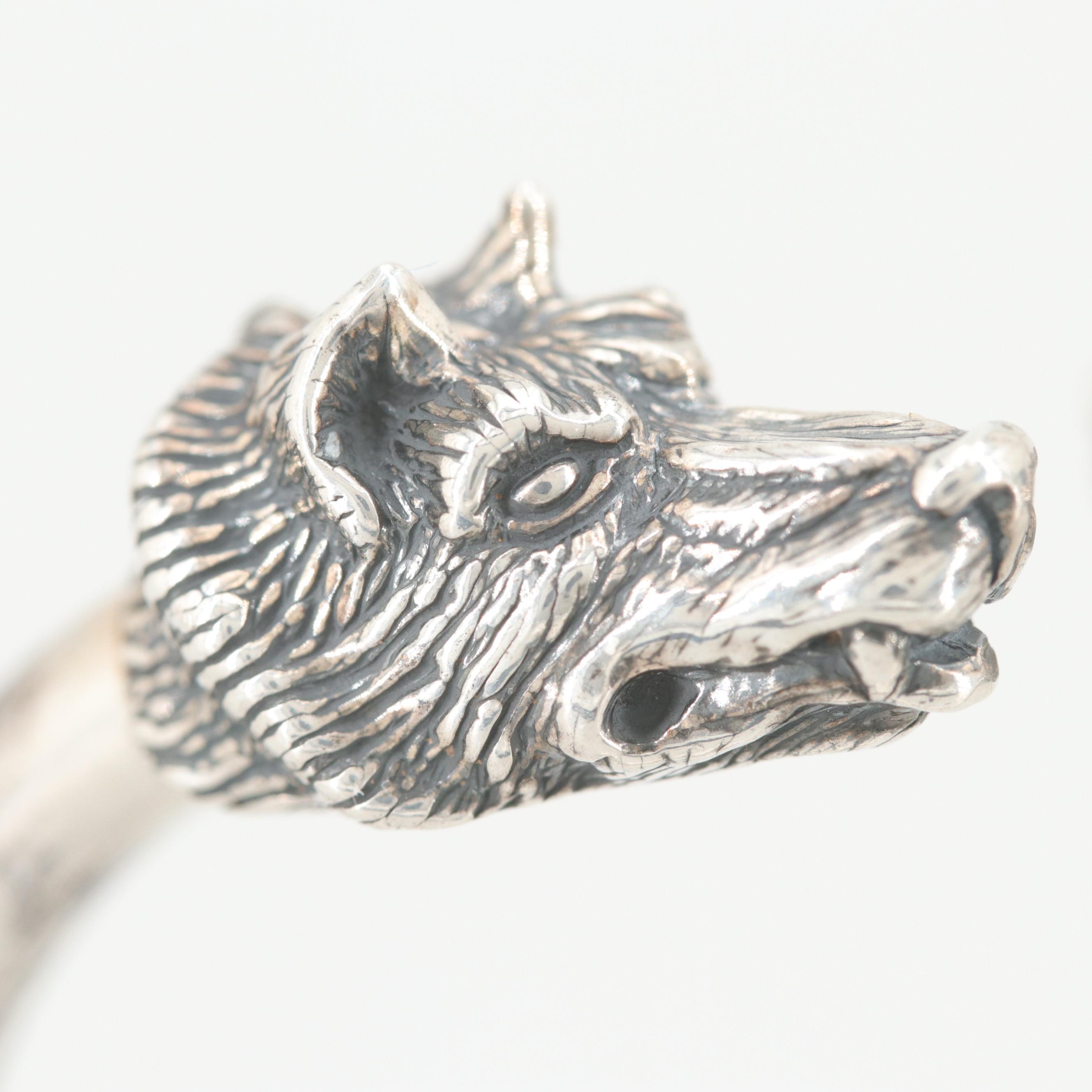 Vintage Kabana Sterling Silver Diamond  Wolf Head Cuff Bracelet
