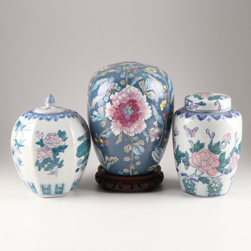 Asian Hand-Painted Ceramic Vase and Jars
