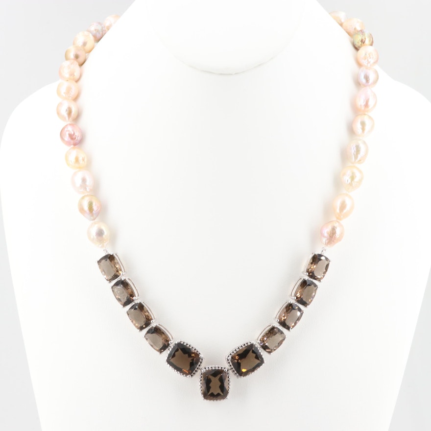 Sterling Silver Smoky Quartz and Cultured Pearl Necklace